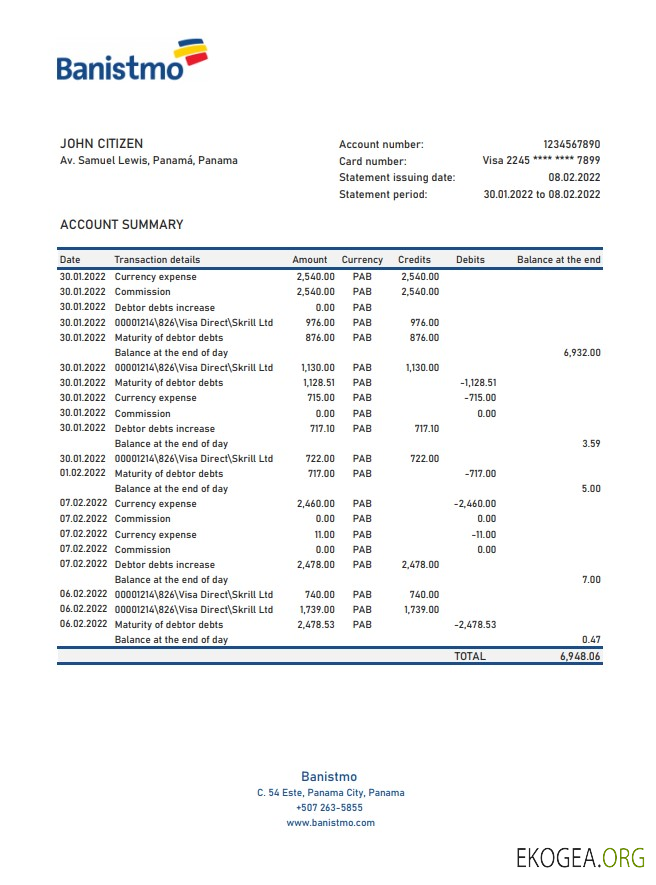 Relevé bancaire Panama Banistmo xls